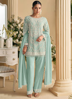 Thumbnail for Vegaa Fashion Light Sky Blue Georgette Embroidered Beads Designer Salwar Suit