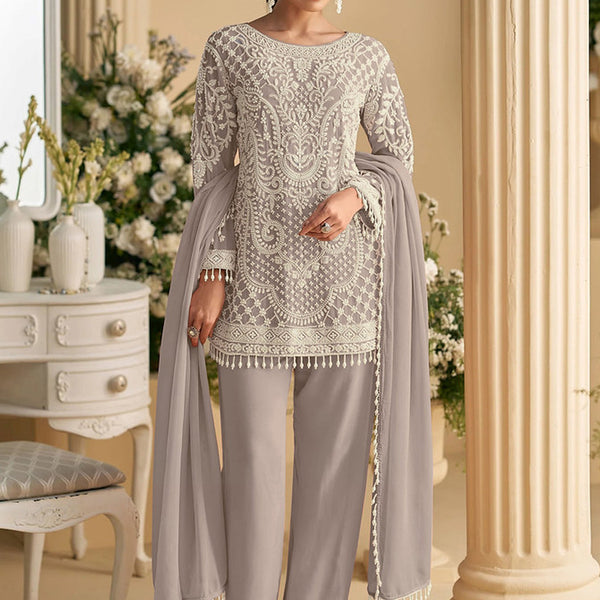 Vegaa Fashion Light Brown Georgette Embroidered Beads Designer Salwar Suit