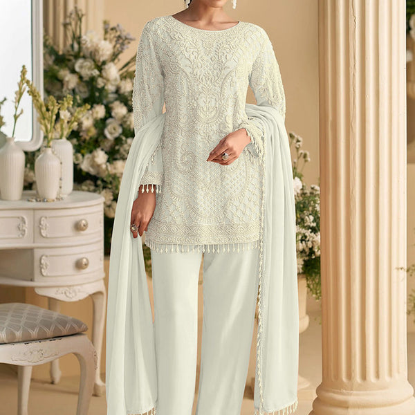 Vegaa Fashion Off White Georgette Embroidered Beads Designer Salwar Suit
