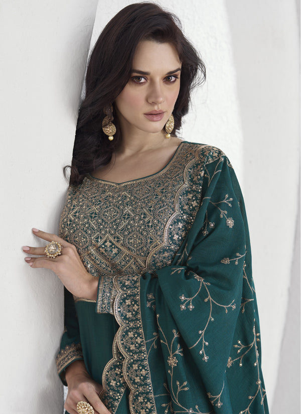 Vegaa Fashion Teal Vichitra Silk Sequence Anarkali Suit