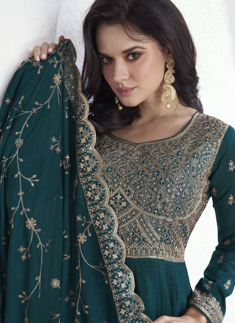 Vegaa Fashion Teal Vichitra Silk Sequence Anarkali Suit