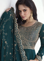 Thumbnail for Vegaa Fashion Teal Vichitra Silk Sequence Anarkali Suit