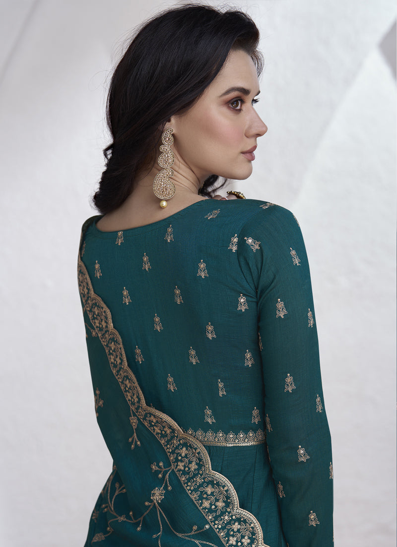 Vegaa Fashion Teal Vichitra Silk Sequence Anarkali Suit