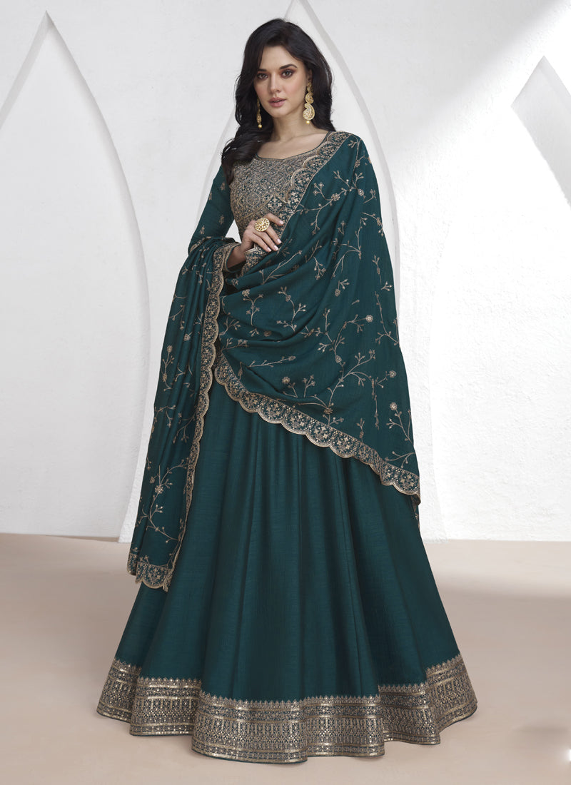 Vegaa Fashion Teal Vichitra Silk Sequence Anarkali Suit - Distacart