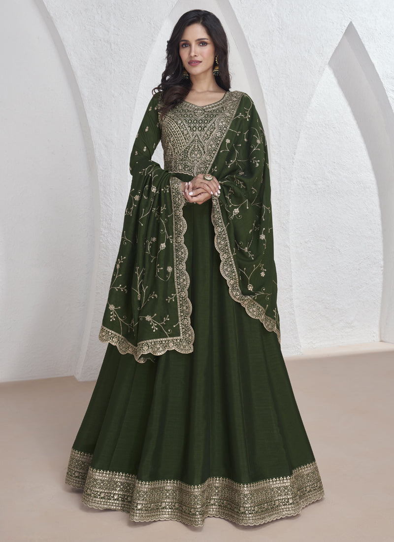 Vegaa Fashion Mehendi Vichitra Silk Sequence Anarkali Suit