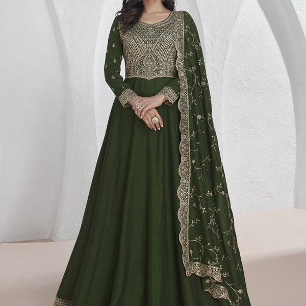 Vegaa Fashion Mehendi Vichitra Silk Sequence Anarkali Suit
