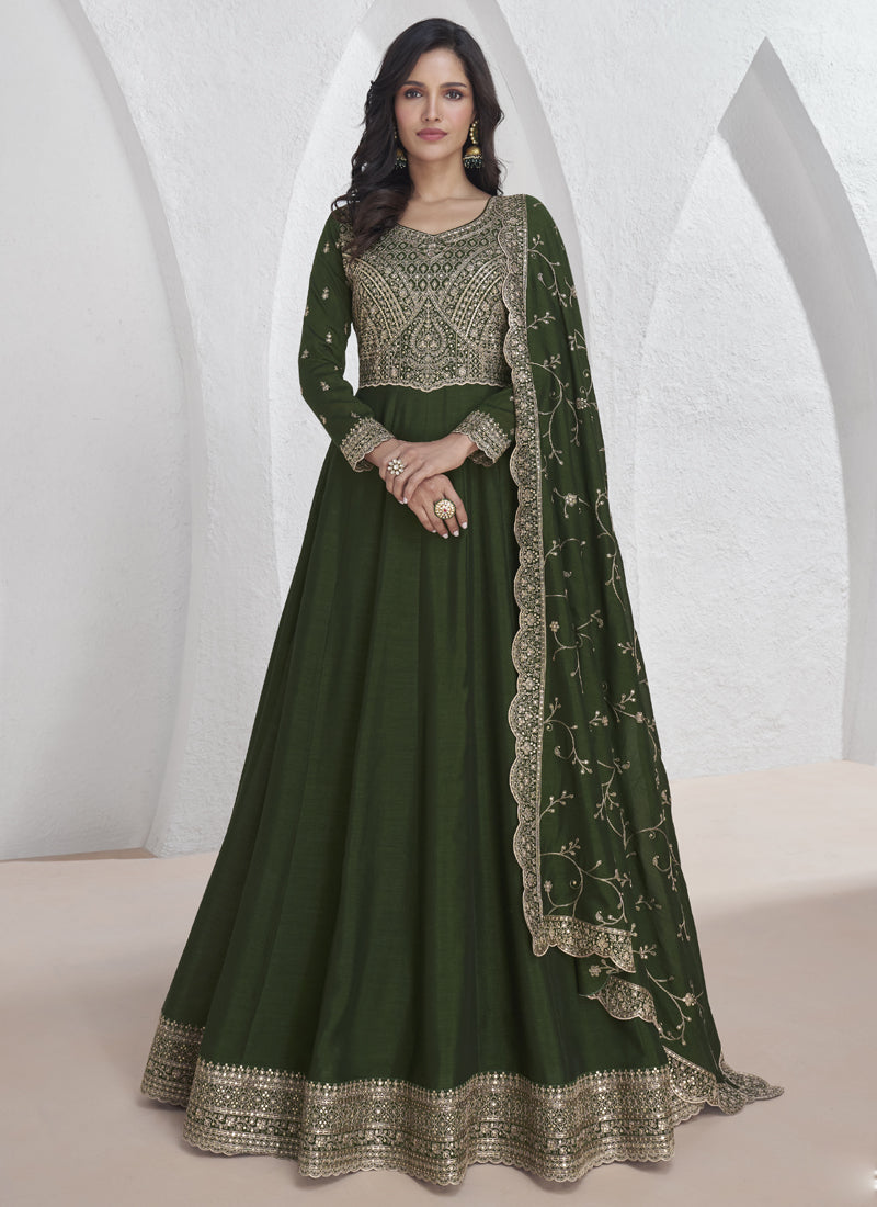 Vegaa Fashion Mehendi Vichitra Silk Sequence Anarkali Suit - Distacart