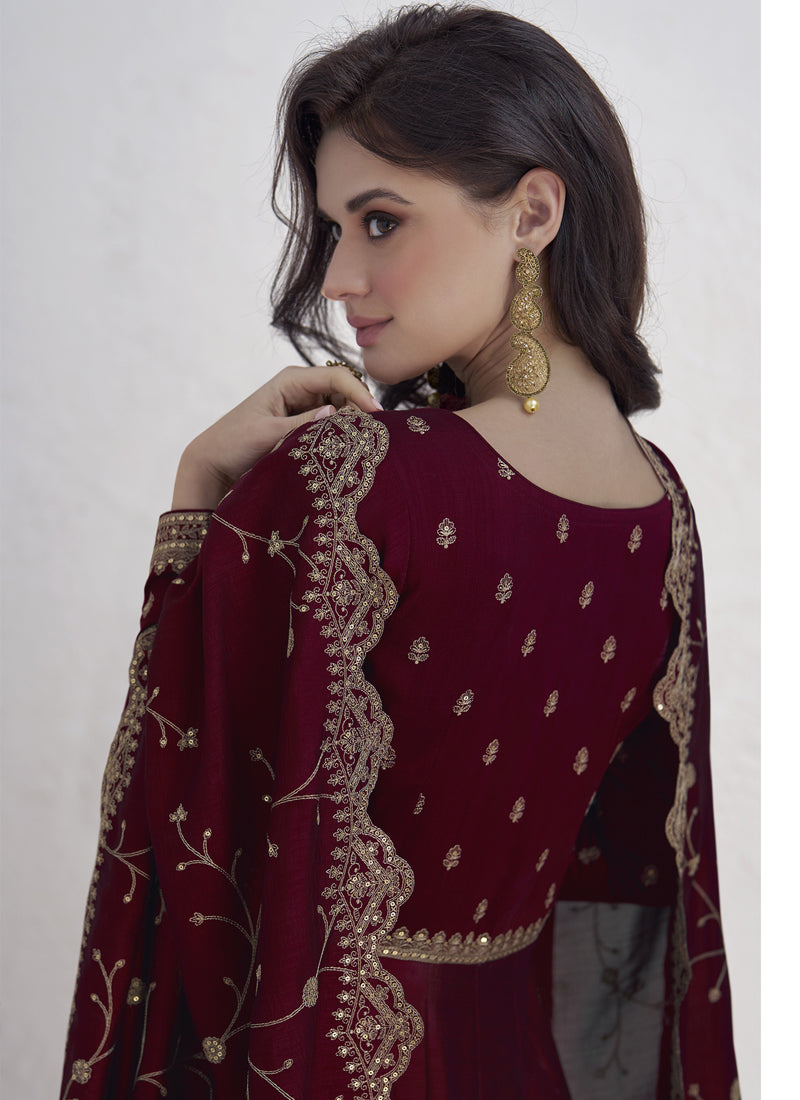Vegaa Fashion Maroon Vichitra Silk Sequence Anarkali Suit