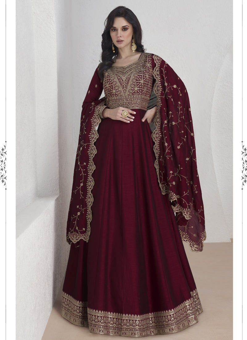 Vegaa Fashion Maroon Vichitra Silk Sequence Anarkali Suit