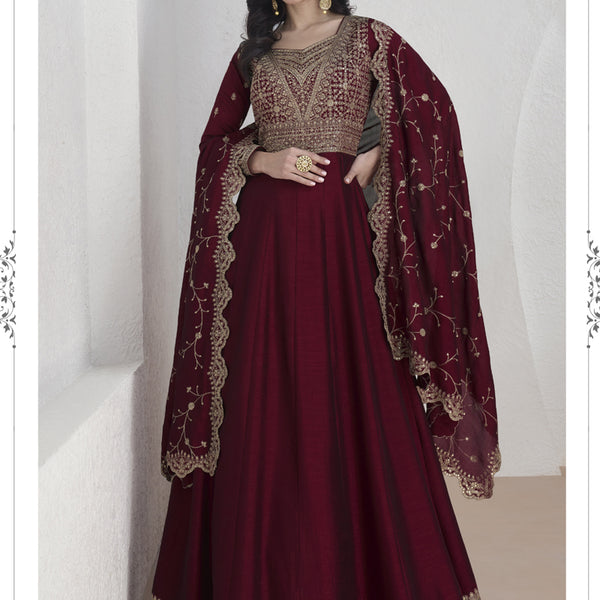 Vegaa Fashion Maroon Vichitra Silk Sequence Anarkali Suit
