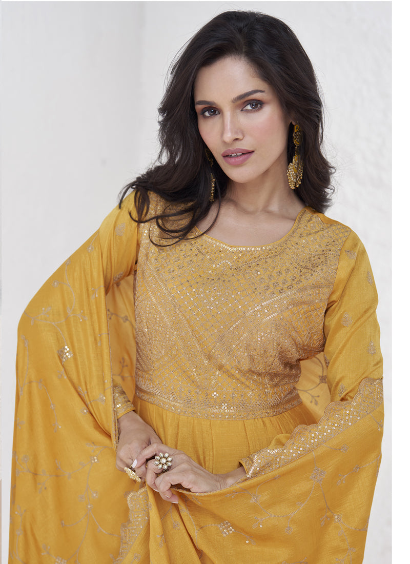 Vegaa Fashion Yellow Vichitra Silk Sequence Anarkali Suit