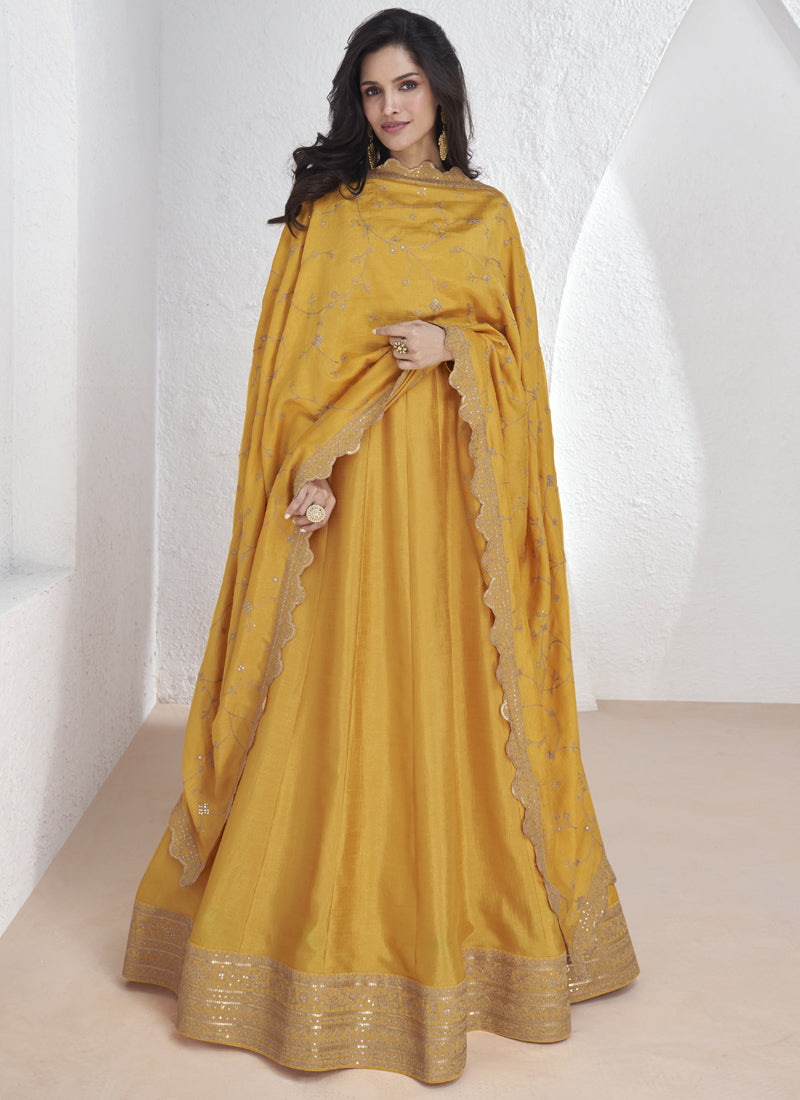 Vegaa Fashion Yellow Vichitra Silk Sequence Anarkali Suit