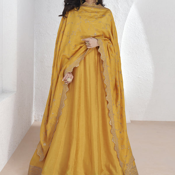 Vegaa Fashion Yellow Vichitra Silk Sequence Anarkali Suit