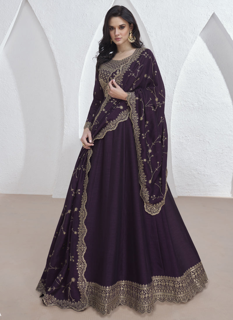 Vegaa Fashion Violet Vichitra Silk Sequence Anarkali Suit