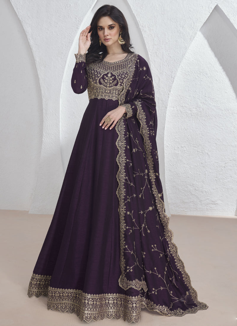 Vegaa Fashion Violet Vichitra Silk Sequence Anarkali Suit - Distacart