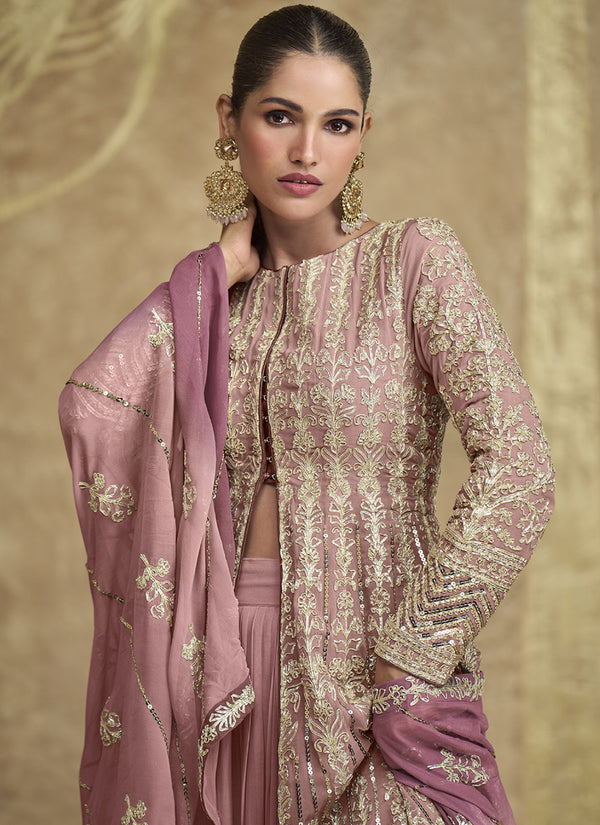 Vegaa Fashion Peach Real Georgette Embroidered Lehenga Style Suit