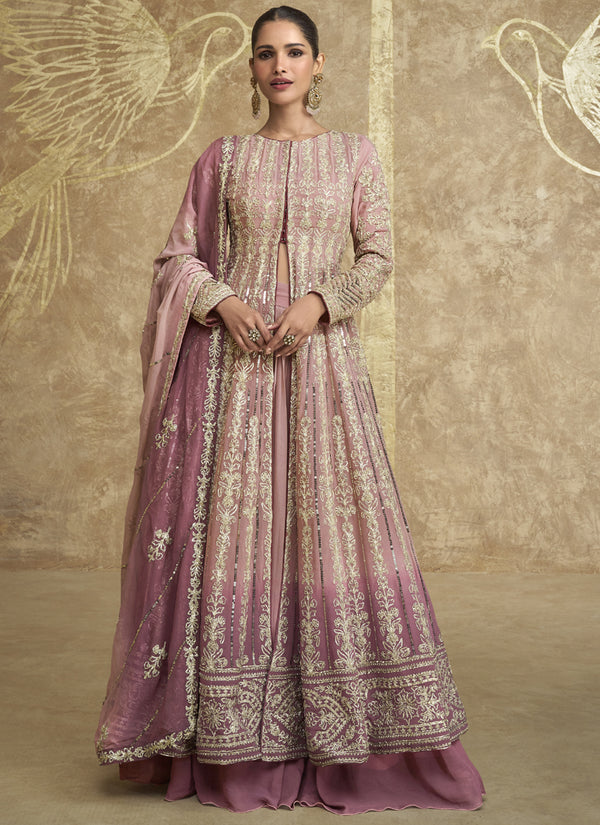Vegaa Fashion Peach Real Georgette Embroidered Lehenga Style Suit