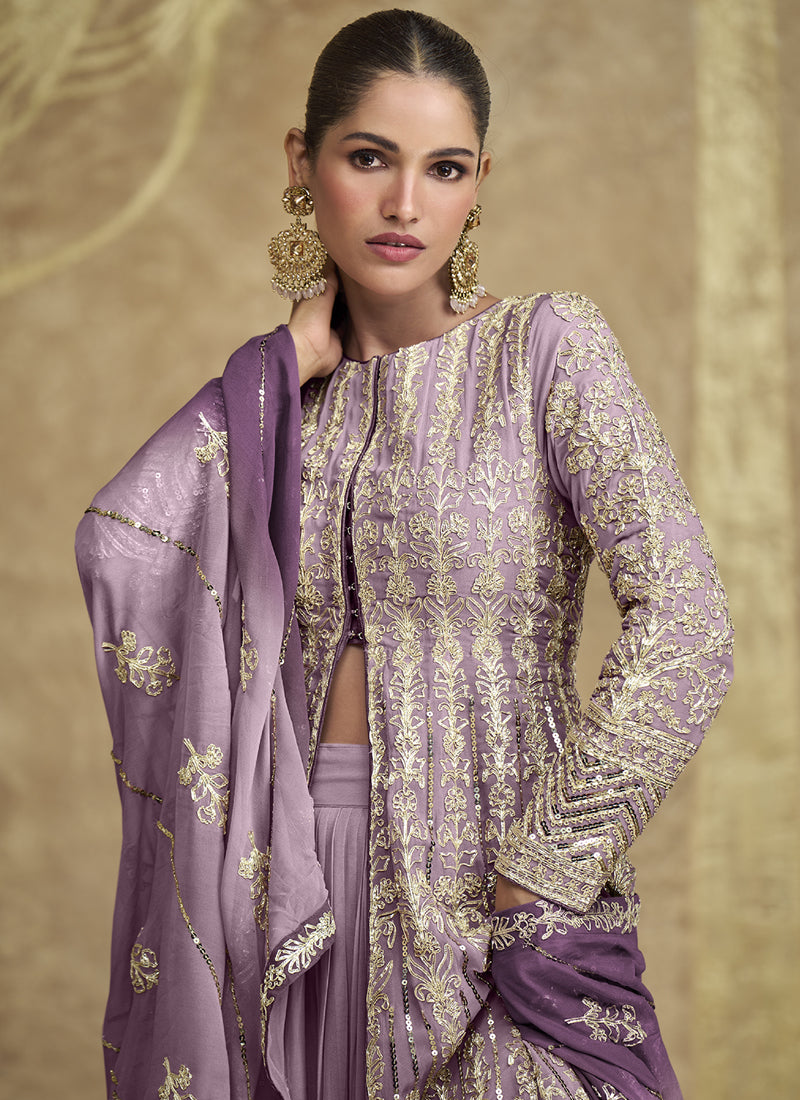 Vegaa Fashion Lavender Real Georgette Embroidered Lehenga Style Suit