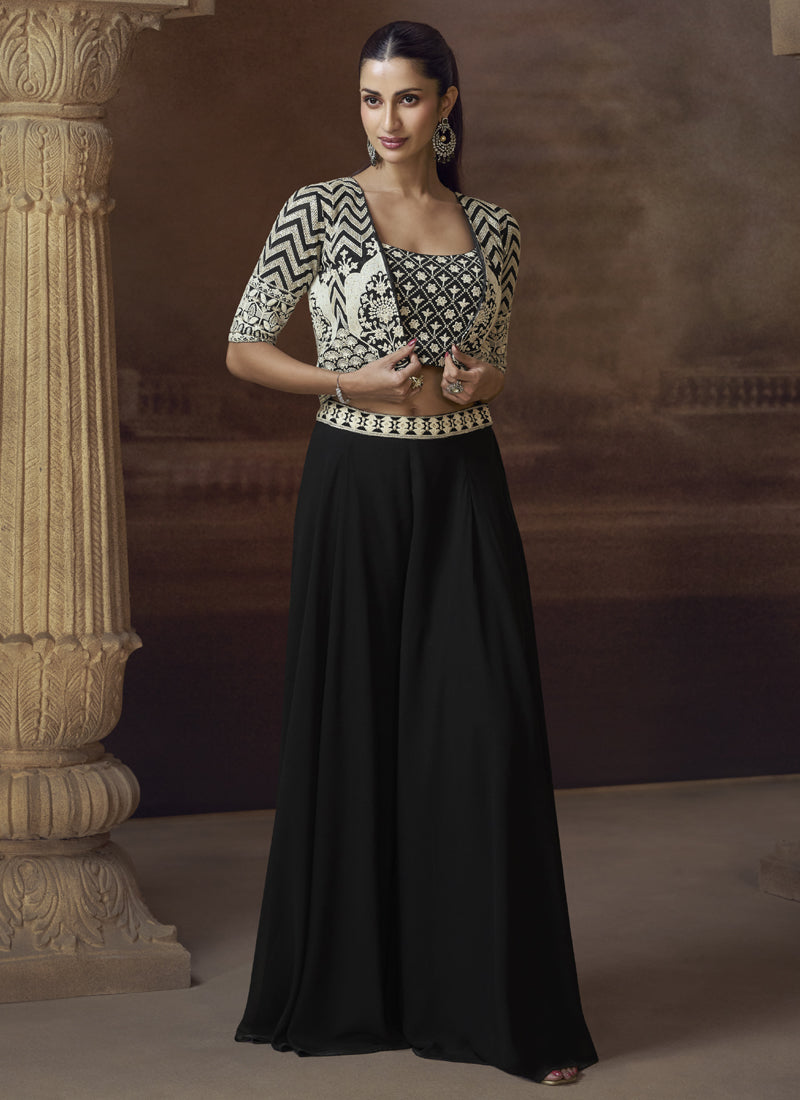 Vegaa Fashion Black Real Chinon Silk Embroidered Jacket Style Palazzo Suit