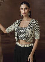 Thumbnail for Vegaa Fashion Black Real Chinon Silk Embroidered Jacket Style Palazzo Suit