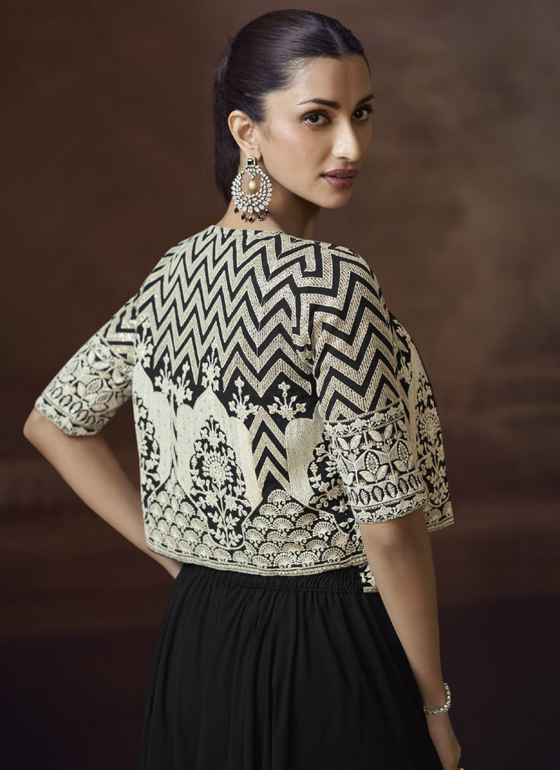 Vegaa Fashion Black Real Chinon Silk Embroidered Jacket Style Palazzo Suit