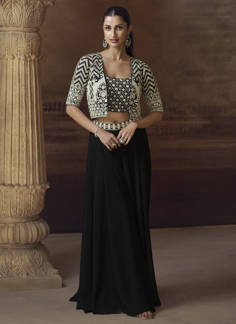 Vegaa Fashion Black Real Chinon Silk Embroidered Jacket Style Palazzo Suit