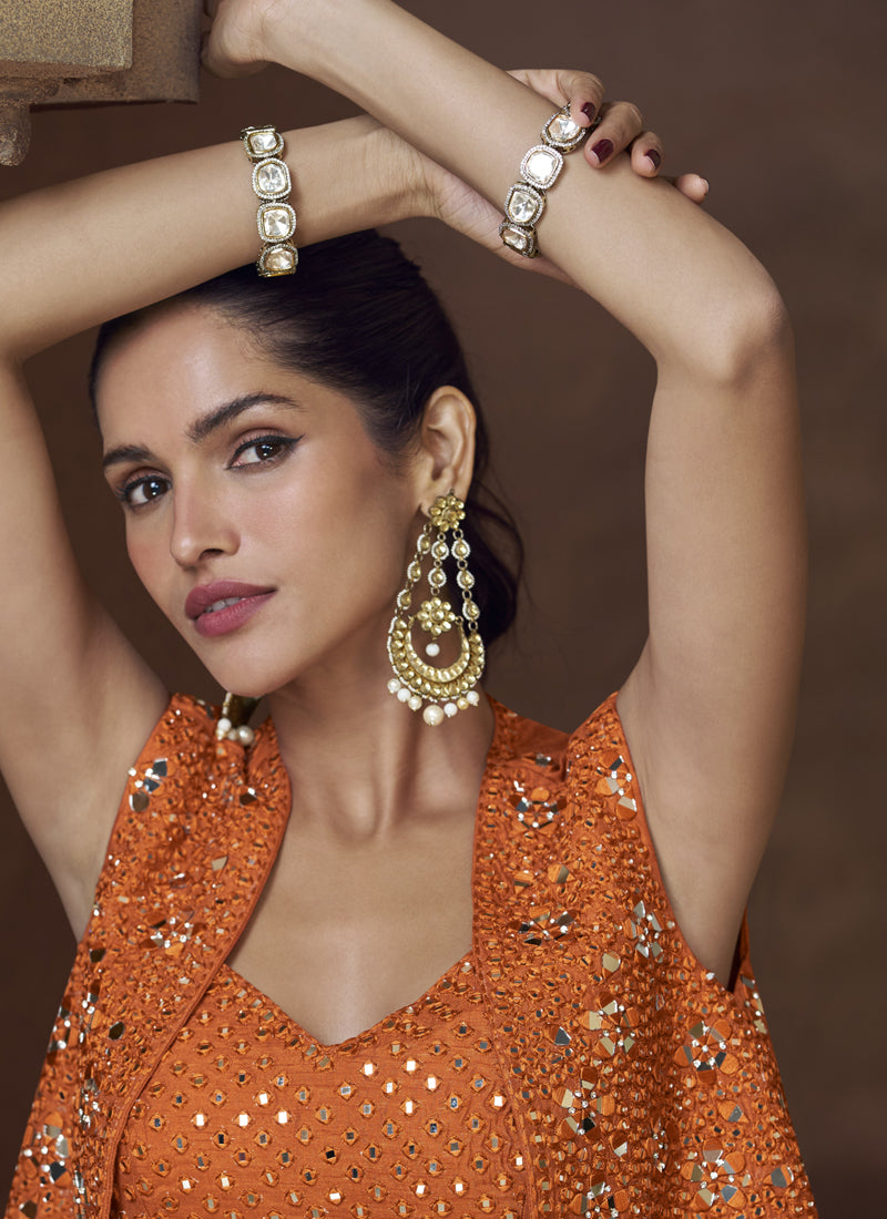 Vegaa Fashion Orange Real Chinon Silk Embroidered Jacket Style Palazzo Suit