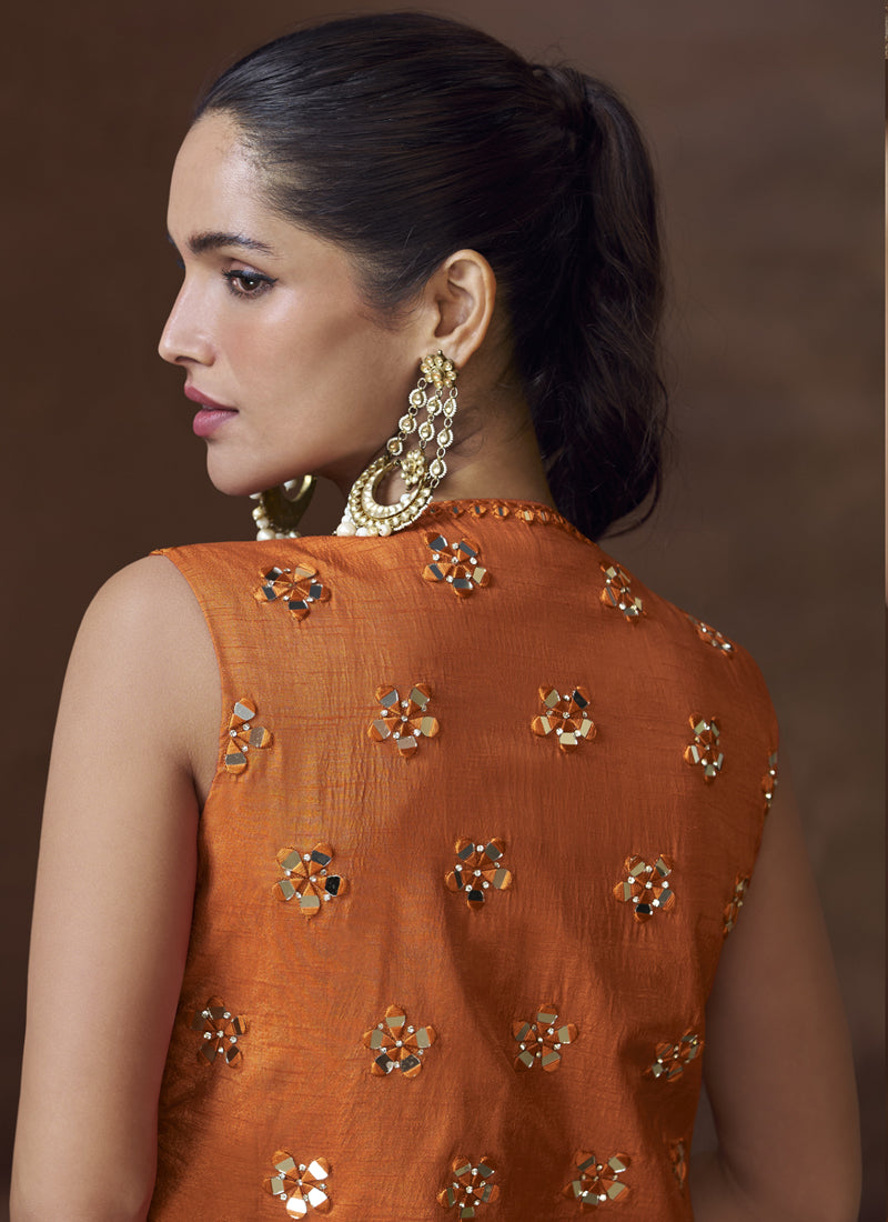 Vegaa Fashion Orange Real Chinon Silk Embroidered Jacket Style Palazzo Suit