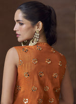 Thumbnail for Vegaa Fashion Orange Real Chinon Silk Embroidered Jacket Style Palazzo Suit