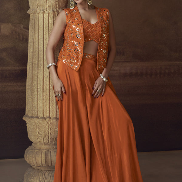 Vegaa Fashion Orange Real Chinon Silk Embroidered Jacket Style Palazzo Suit