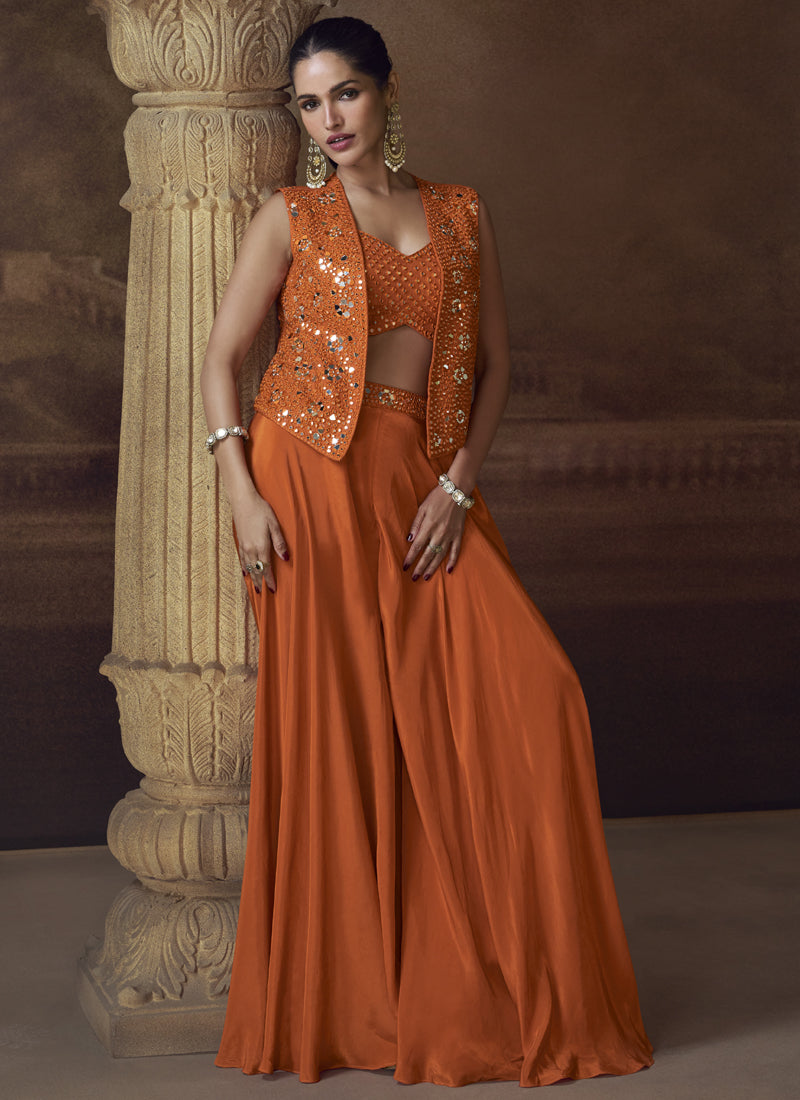 Vegaa Fashion Orange Real Chinon Silk Embroidered Jacket Style Palazzo Suit - Dista