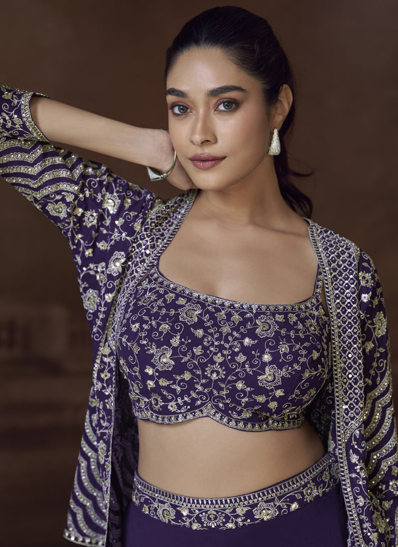 Vegaa Fashion Violet Real Chinon Silk Embroidered Jacket Style Palazzo Suit