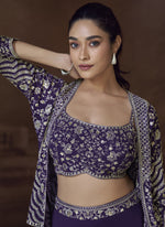 Thumbnail for Vegaa Fashion Violet Real Chinon Silk Embroidered Jacket Style Palazzo Suit