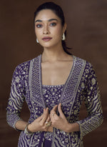 Thumbnail for Vegaa Fashion Violet Real Chinon Silk Embroidered Jacket Style Palazzo Suit