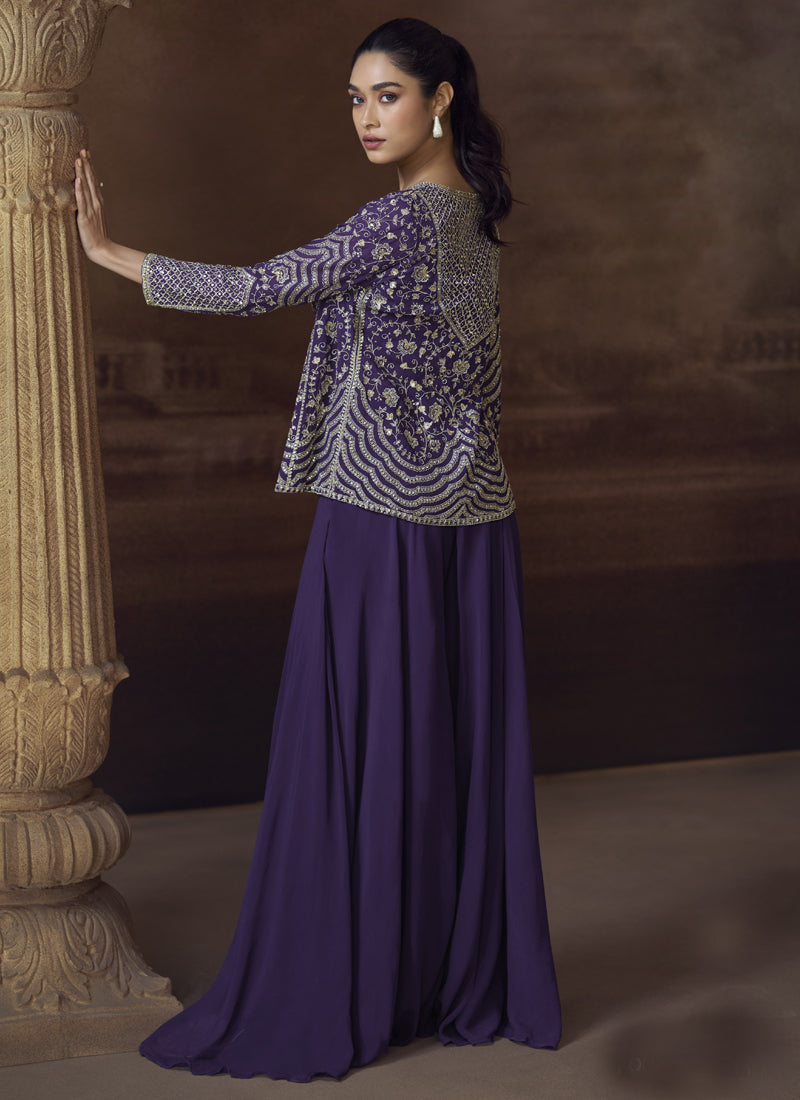 Vegaa Fashion Violet Real Chinon Silk Embroidered Jacket Style Palazzo Suit