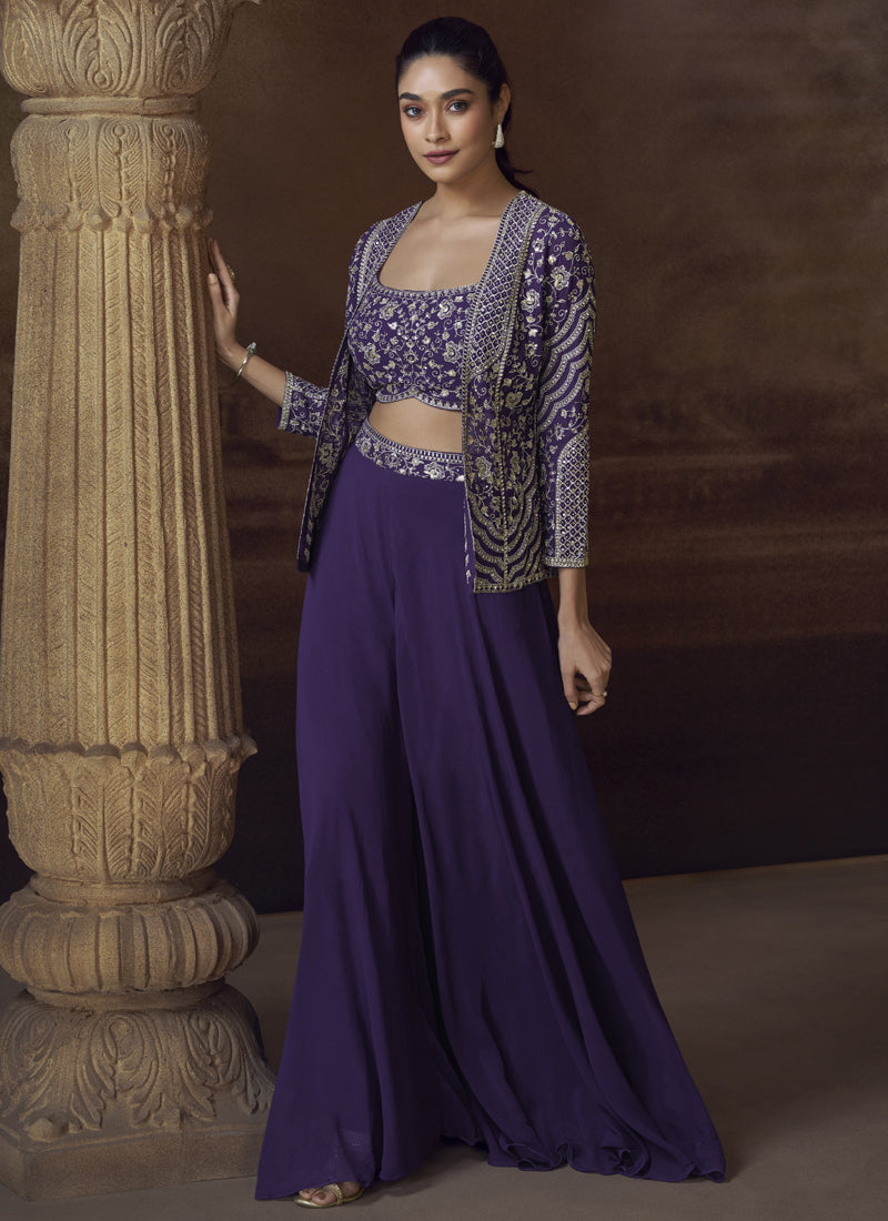 Vegaa Fashion Violet Real Chinon Silk Embroidered Jacket Style Palazzo Suit