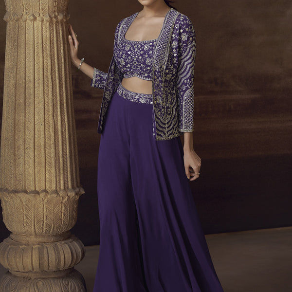 Vegaa Fashion Violet Real Chinon Silk Embroidered Jacket Style Palazzo Suit - Distacart