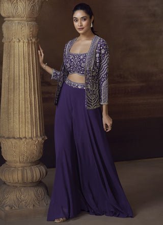 Vegaa Fashion Violet Real Chinon Silk Embroidered Jacket Style Palazzo Suit
