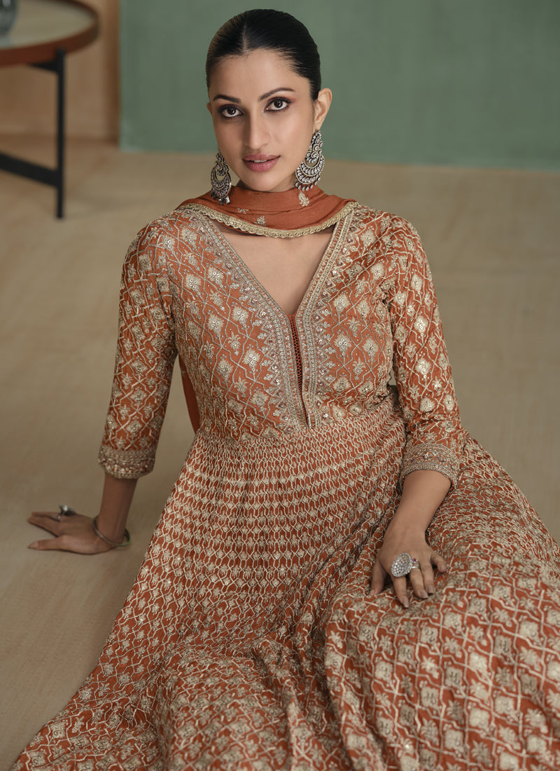 Vegaa Fashion Light Brown Real Georgette Embroidered Anarkali Suit