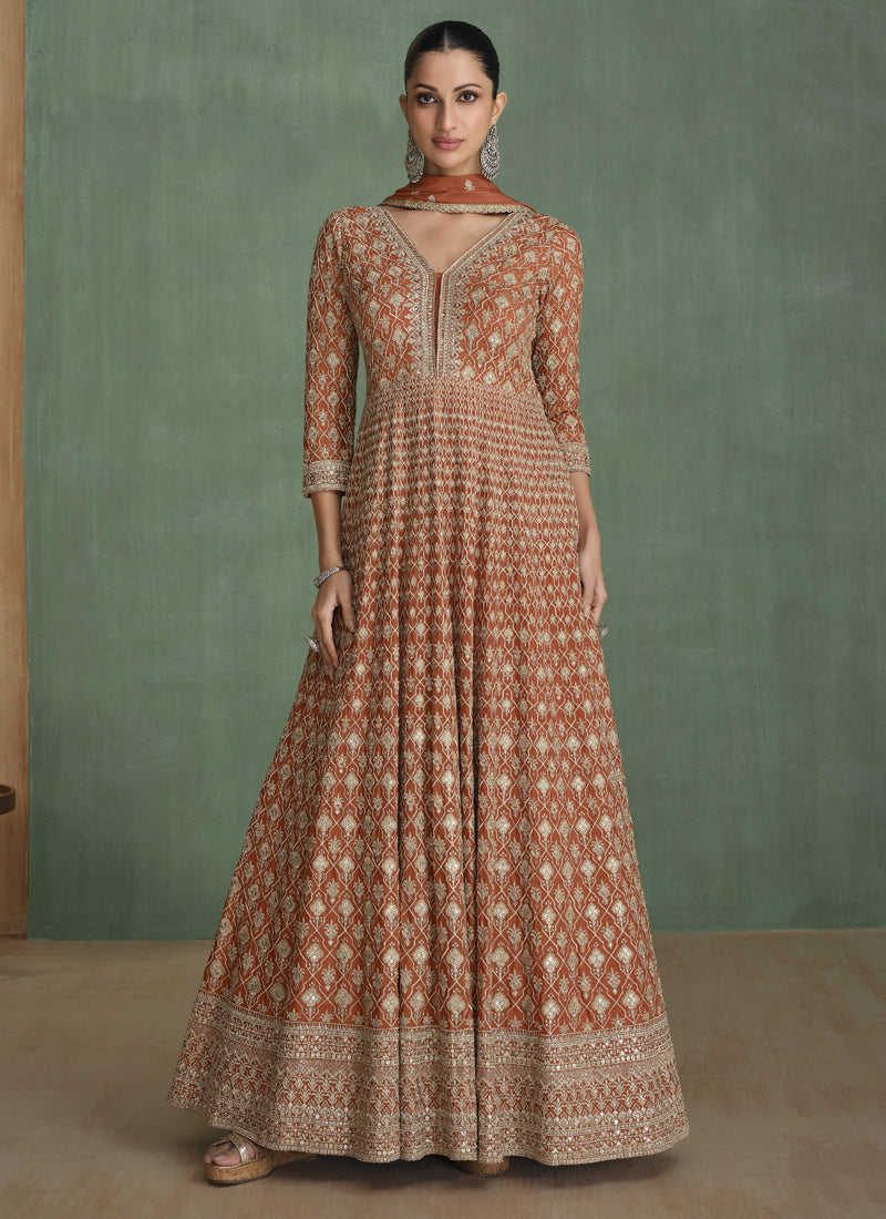 Vegaa Fashion Light Brown Real Georgette Embroidered Anarkali Suit