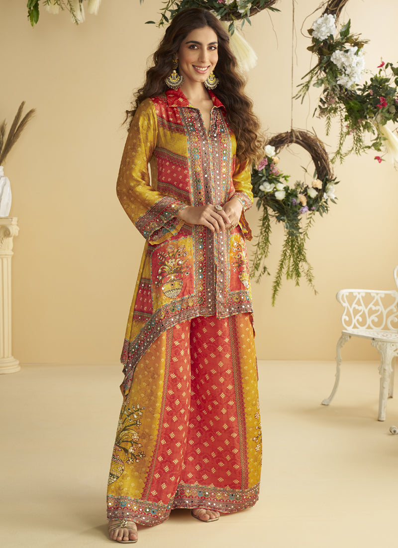 Vegaa Fashion Yellow Crepe Silk Emblissed Mirror Work Designer Cord Set