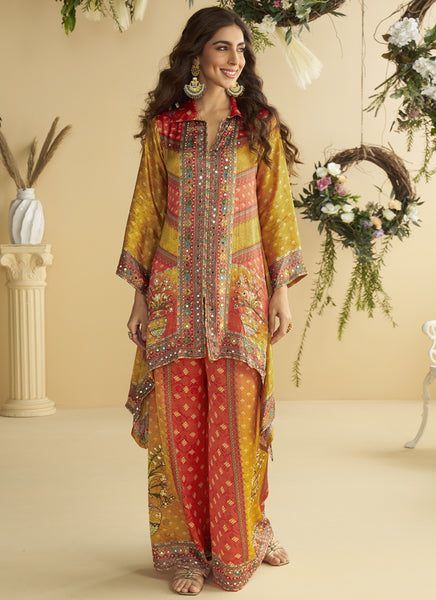 Vegaa Fashion Yellow Crepe Silk Emblissed Mirror Work Designer Cord Set
