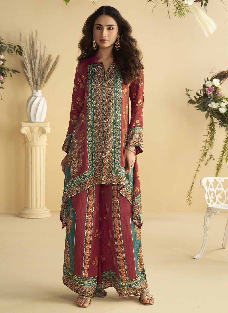 Vegaa Fashion Maroon Crepe Silk Emblissed Mirror Work Designer Cord Set