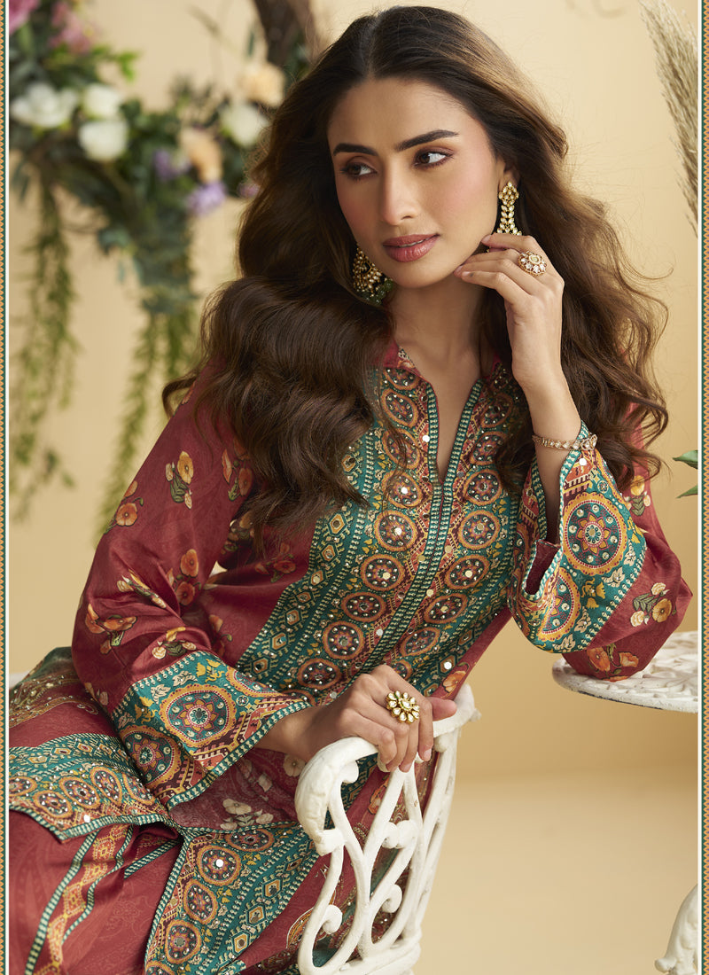Vegaa Fashion Maroon Crepe Silk Emblissed Mirror Work Designer Cord Set