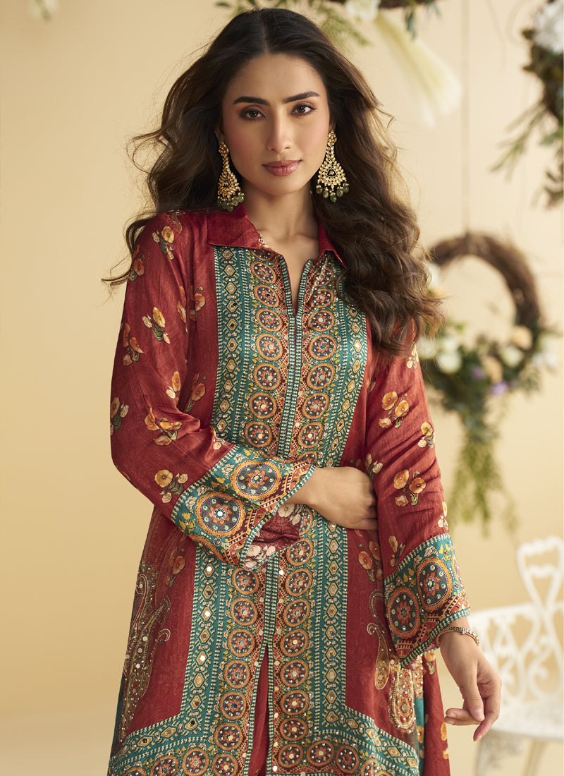 Vegaa Fashion Maroon Crepe Silk Emblissed Mirror Work Designer Cord Set