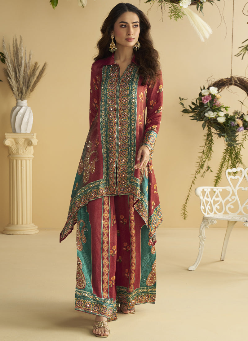 Vegaa Fashion Maroon Crepe Silk Emblissed Mirror Work Designer Cord Set