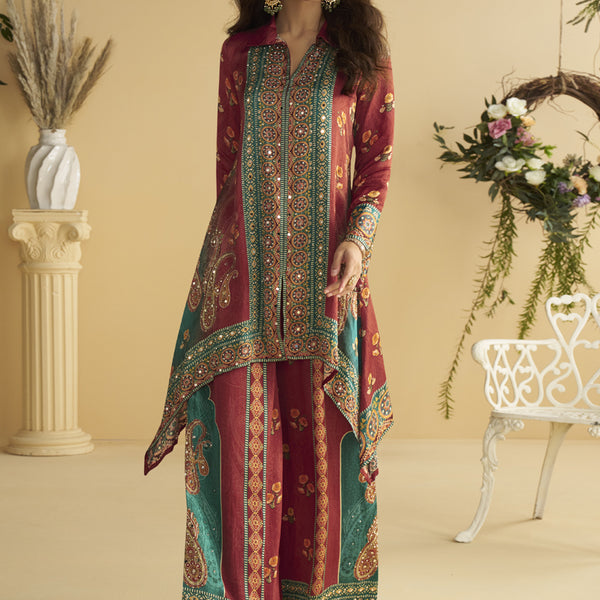 Vegaa Fashion Maroon Crepe Silk Emblissed Mirror Work Designer Cord Set - Distacart