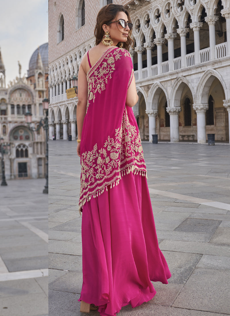 Vegaa Fashion Pink Crepe Silk Embroidered Western Palazzo With Blouse