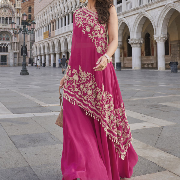Vegaa Fashion Pink Crepe Silk Embroidered Western Palazzo With Blouse