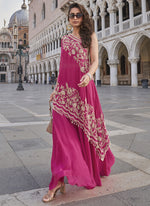 Thumbnail for Vegaa Fashion Pink Crepe Silk Embroidered Western Palazzo With Blouse